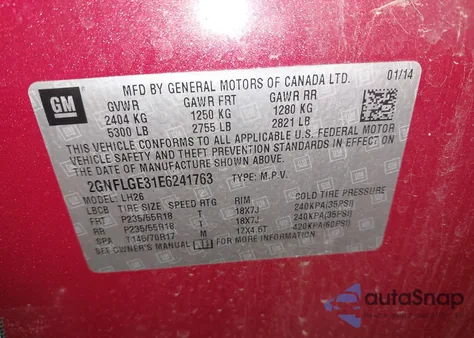 2014 Chevrolet Equinox 2Lt из США, поврежденный, VIN 2GNFLGE31E6241763